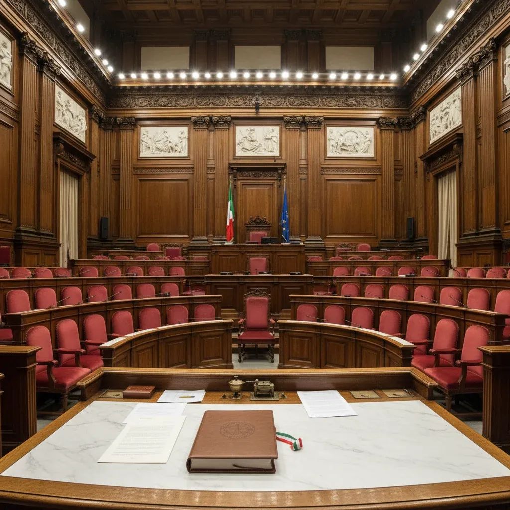 Italian Senate chamber with legislative documents symbolizing landmark anti-semitism law