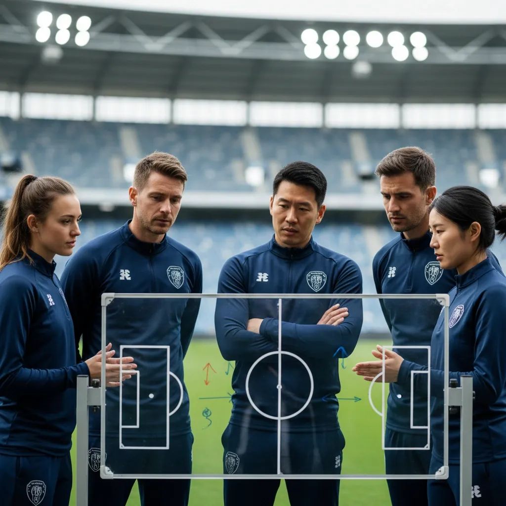 Professional coaching environment in a modern stadium with tactical focus and contemporary setting