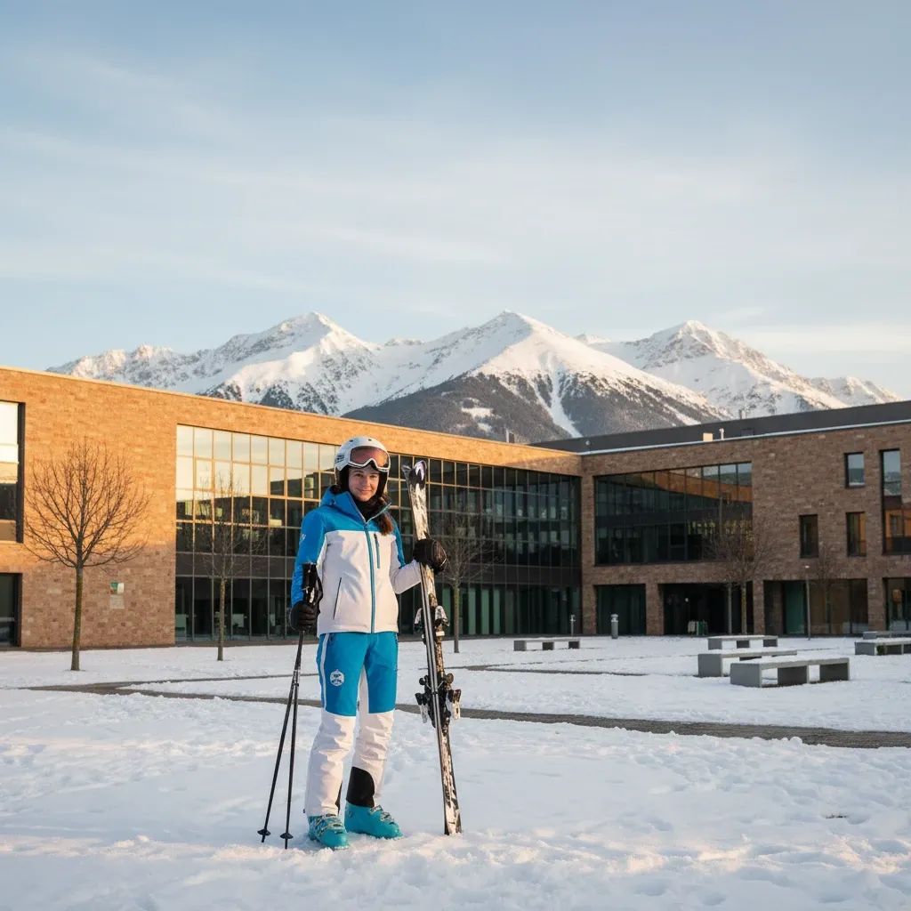 Alpine skier Sofia Goggia in competitive winter attire with academic setting background