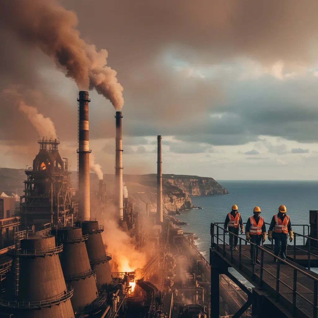 Industrial steel plant with blast furnaces along Italian coastline, representing Taranto steelworks crisis