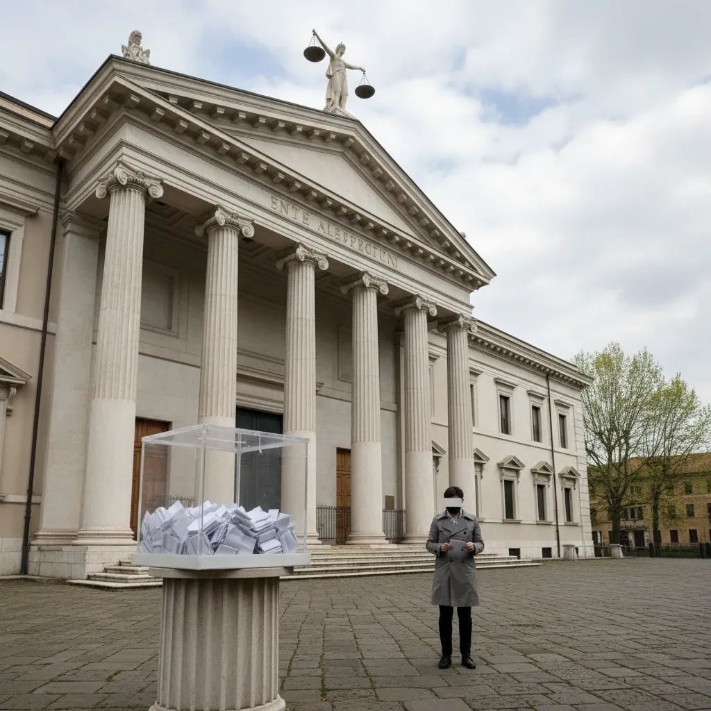 Lone voter approaching Italian courthouse with ballot box outside, illustrating March justice referendum