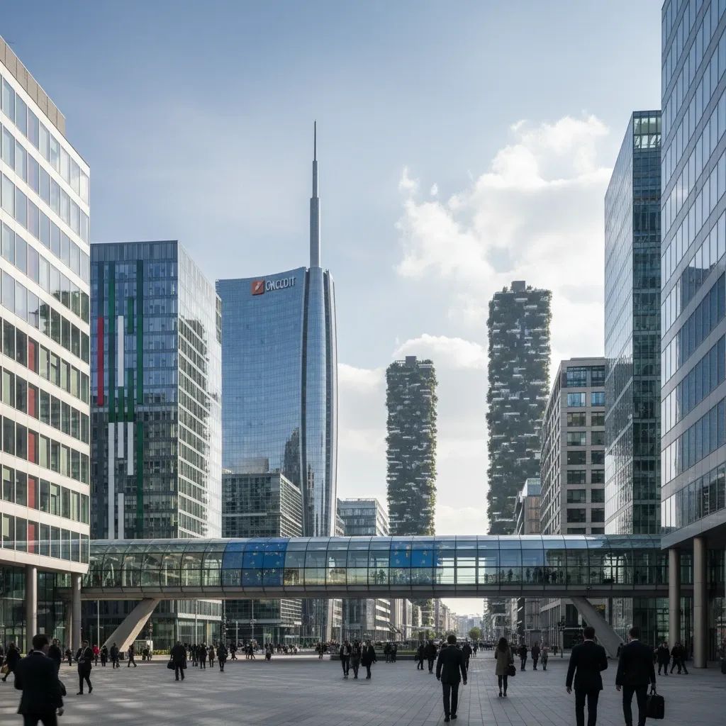 Milan's modern financial district skyline with business buildings representing Italy's banking sector headquarters