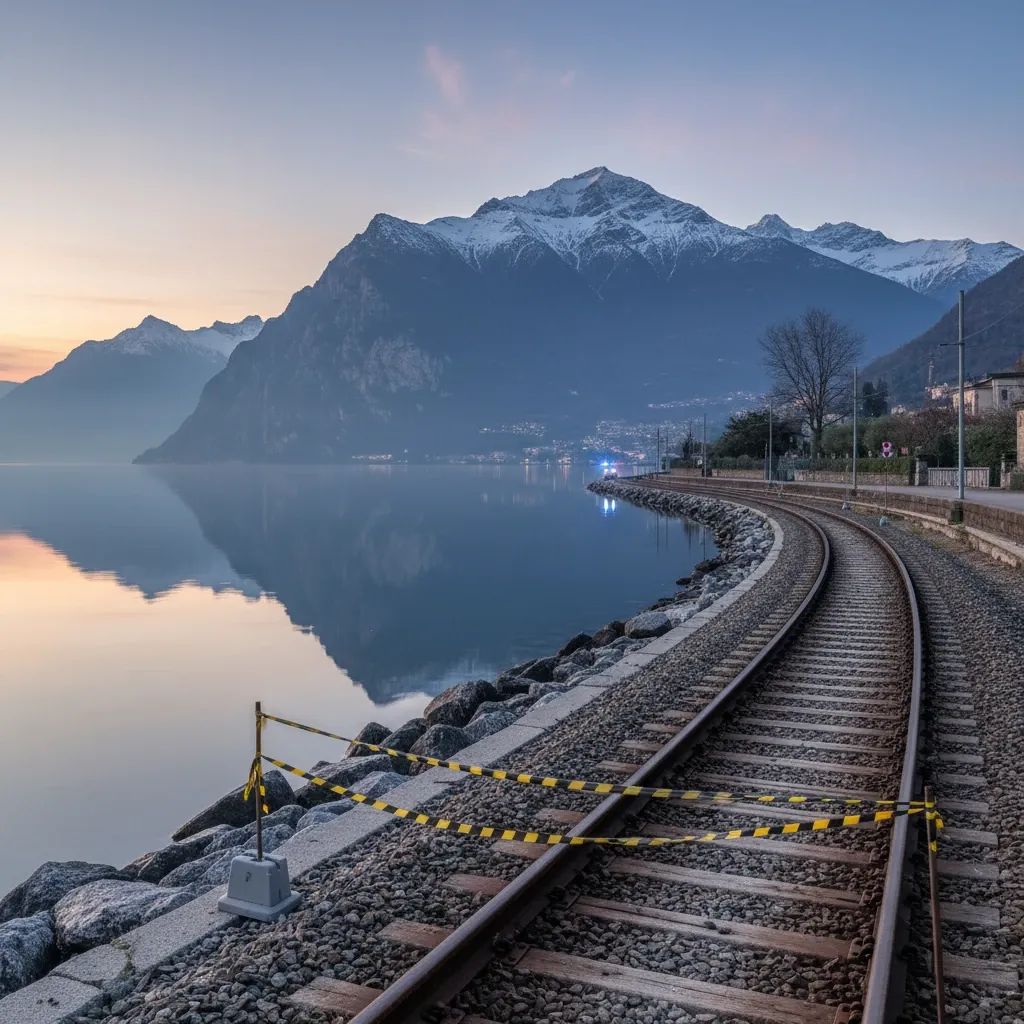 Police tape cordoning an alpine railway track beside Lake Como after arson attack