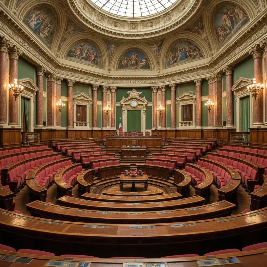 Italian Parliament chamber interior showing debate seats and governmental space