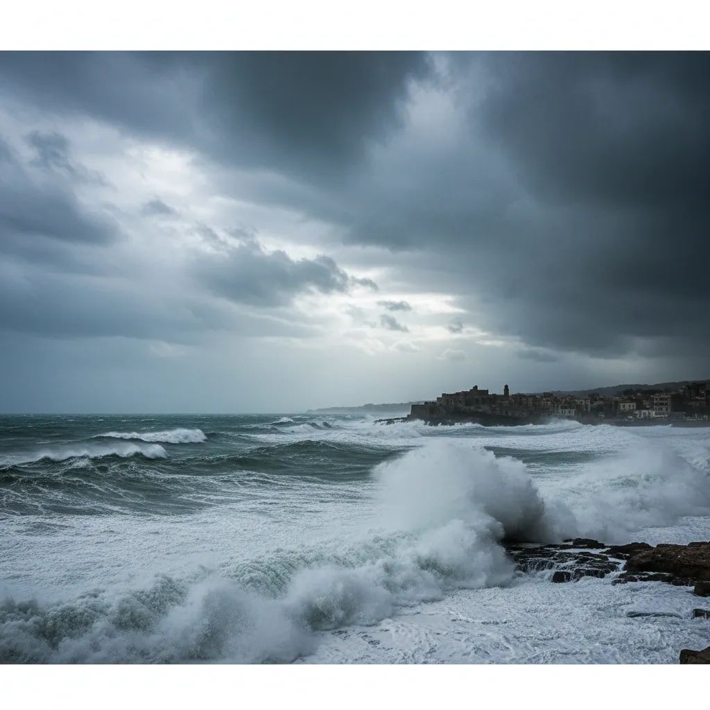 Stormy seascape showing turbulent waves and dark clouds over Italian southern coast during extreme weather event