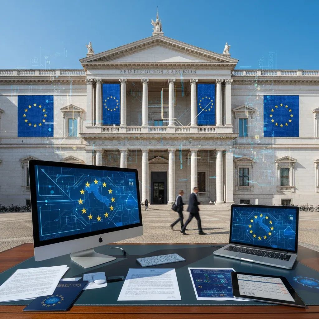 Italian Parliament chamber with voting display and EU institutional setting, representing legislative approval of recovery reforms