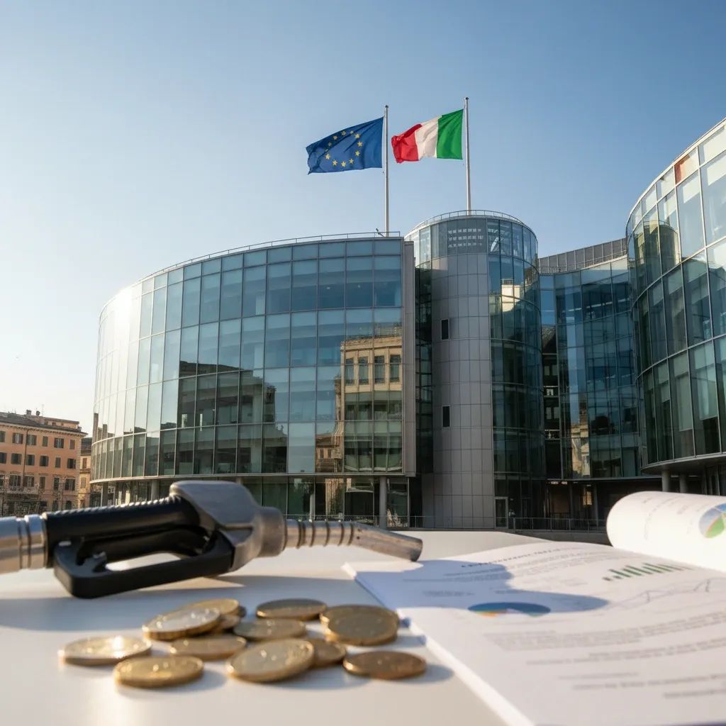 Italian government building facade with flags and fuel pump imagery symbolizing energy policy