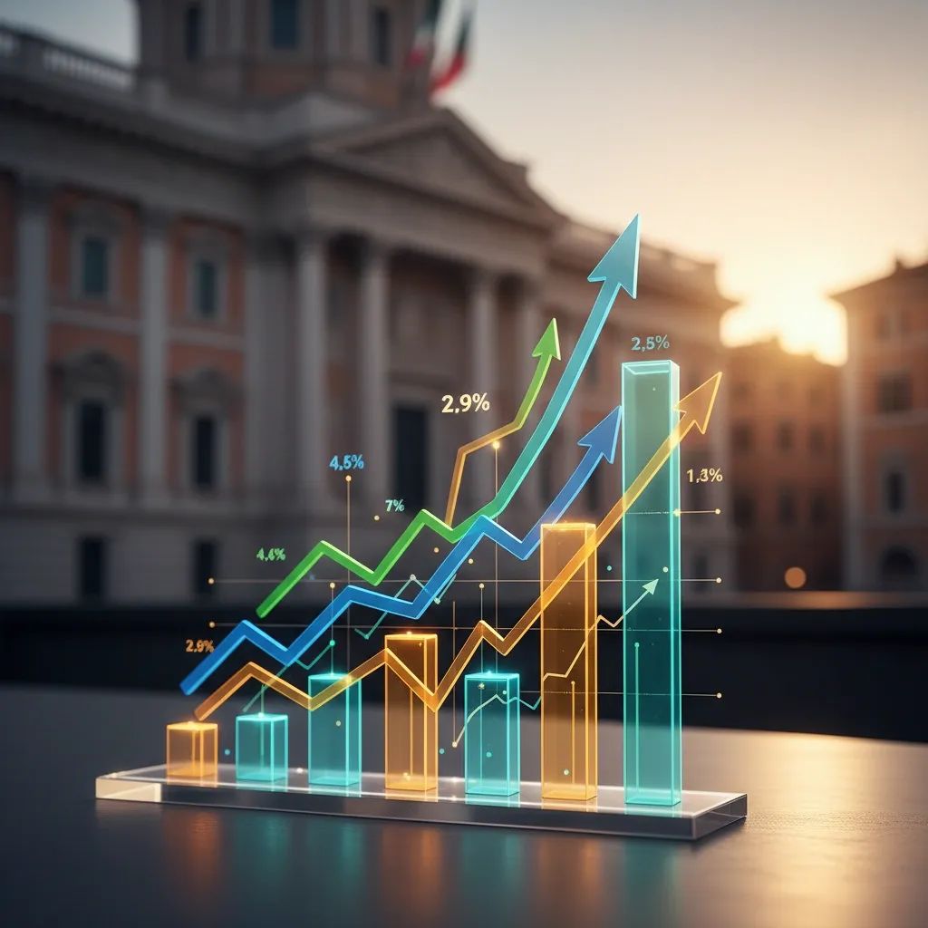 Financial graph showing rising trend with Italian government building in background, representing increasing bond spreads and market volatility
