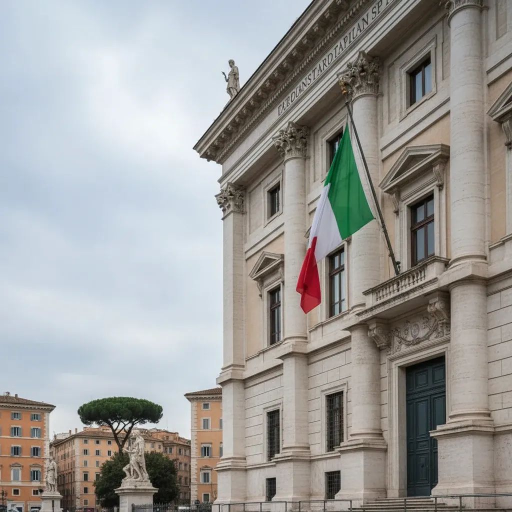Italian Parliament building entrance with flag, representing institutional politics and governance