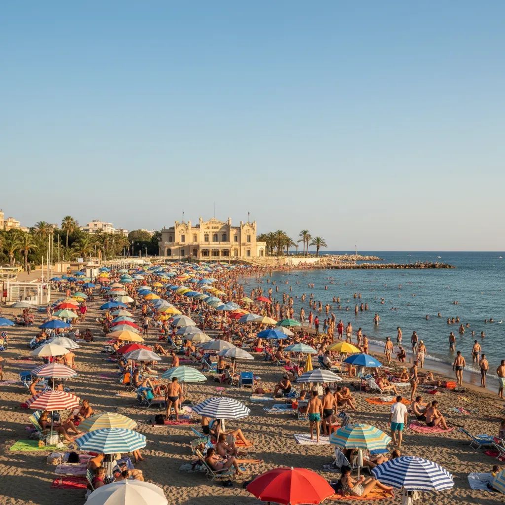 Mondello beach in Palermo with summer crowds, umbrellas, and Art Nouveau architecture in background