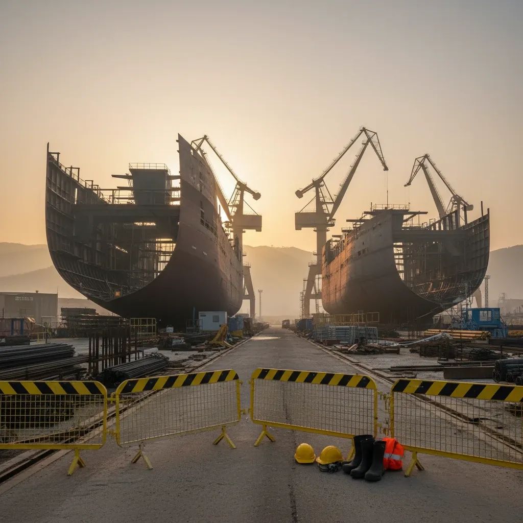 Industrial shipyard with safety barriers and construction equipment in Italian facility