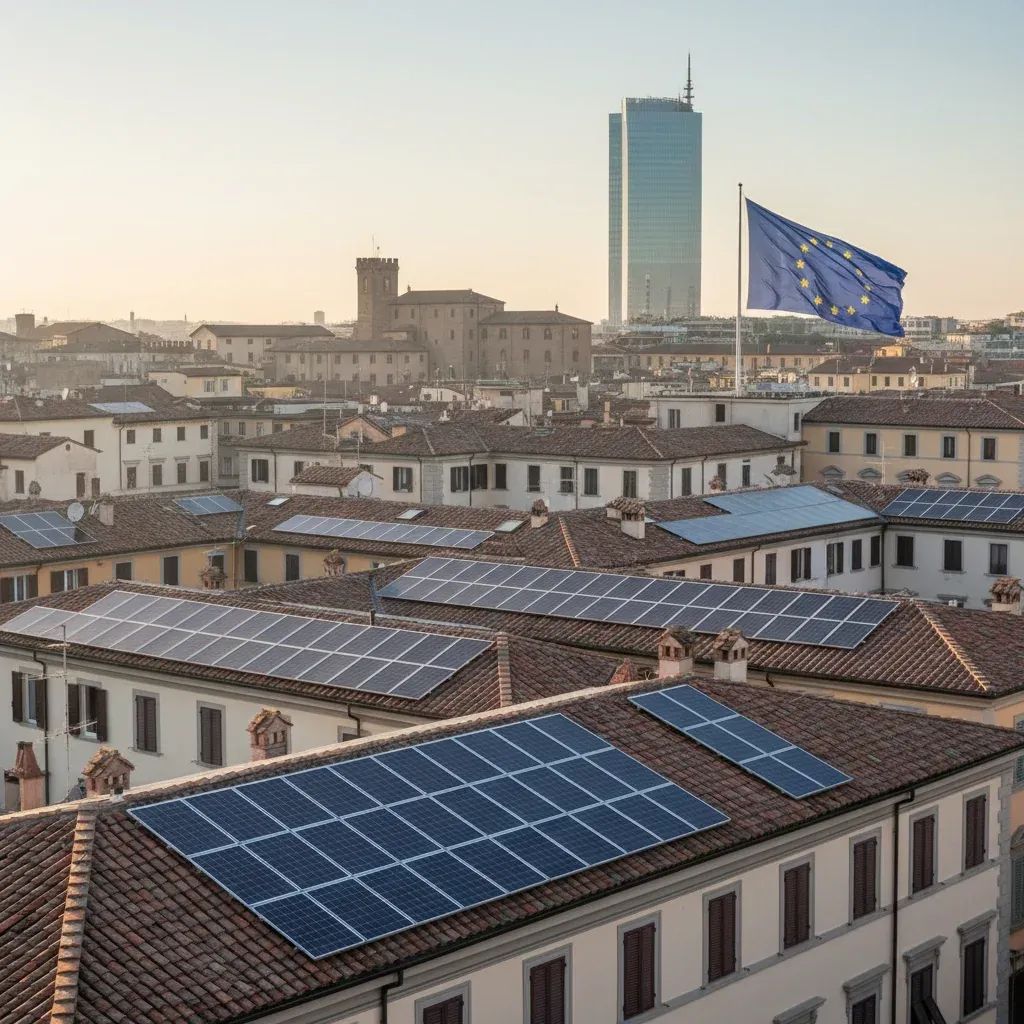 Italian rooftop solar panels with an EU flag in the distance, illustrating pending energy incentives review