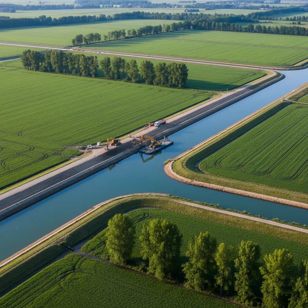 Aerial view of Italian canal system and agricultural landscape showing water management infrastructure and embankments
