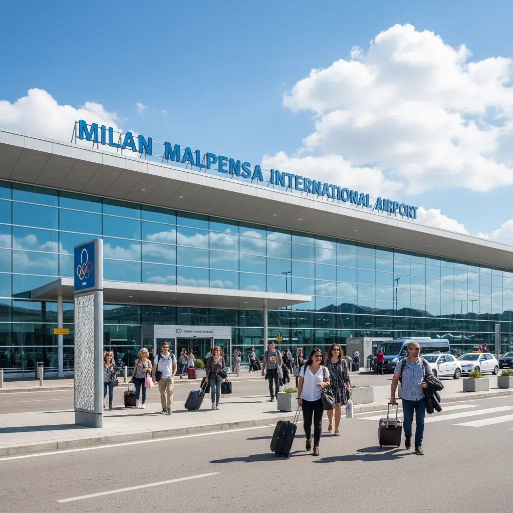 Malpensa airport terminal with modern signage and travelers in departure area