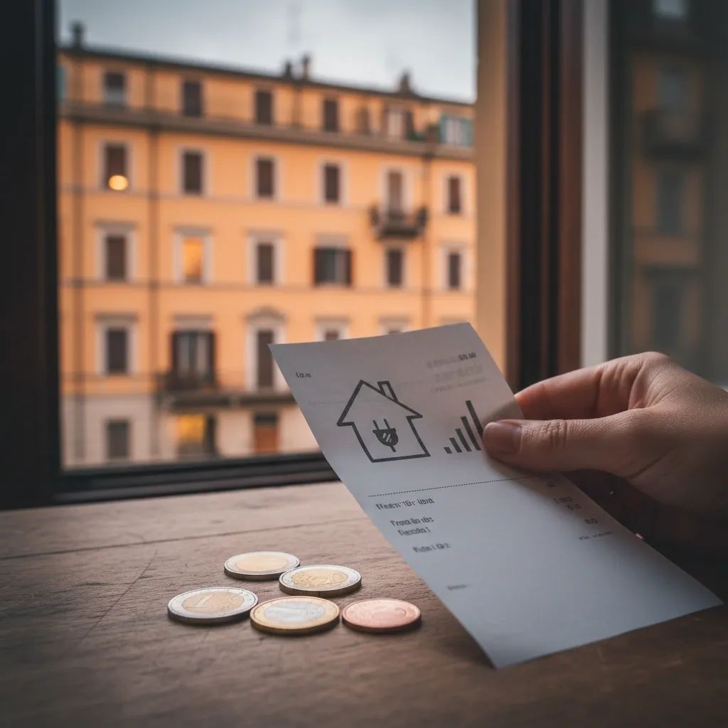 Hand holding electricity bill and euro coins before a lit Italian apartment block, symbolising high household energy costs