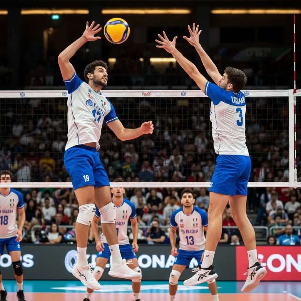 Italian volleyball team players executing block during international match competition