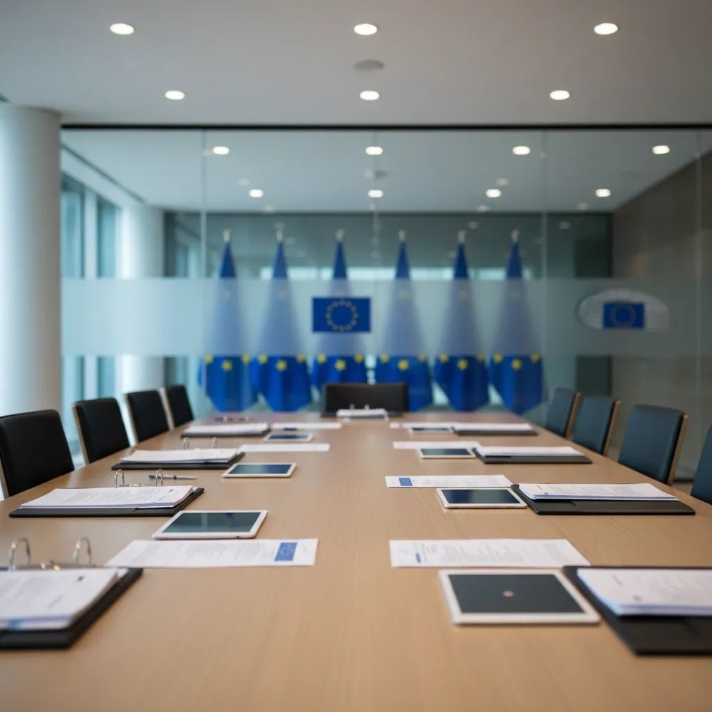 Modern EU conference room with diplomatic documents representing EU governance and policy negotiations