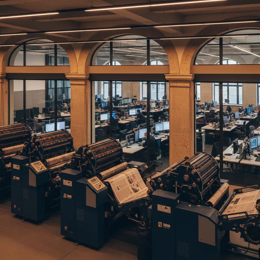 Modern newspaper printing press and editorial newsroom representing media ownership transition