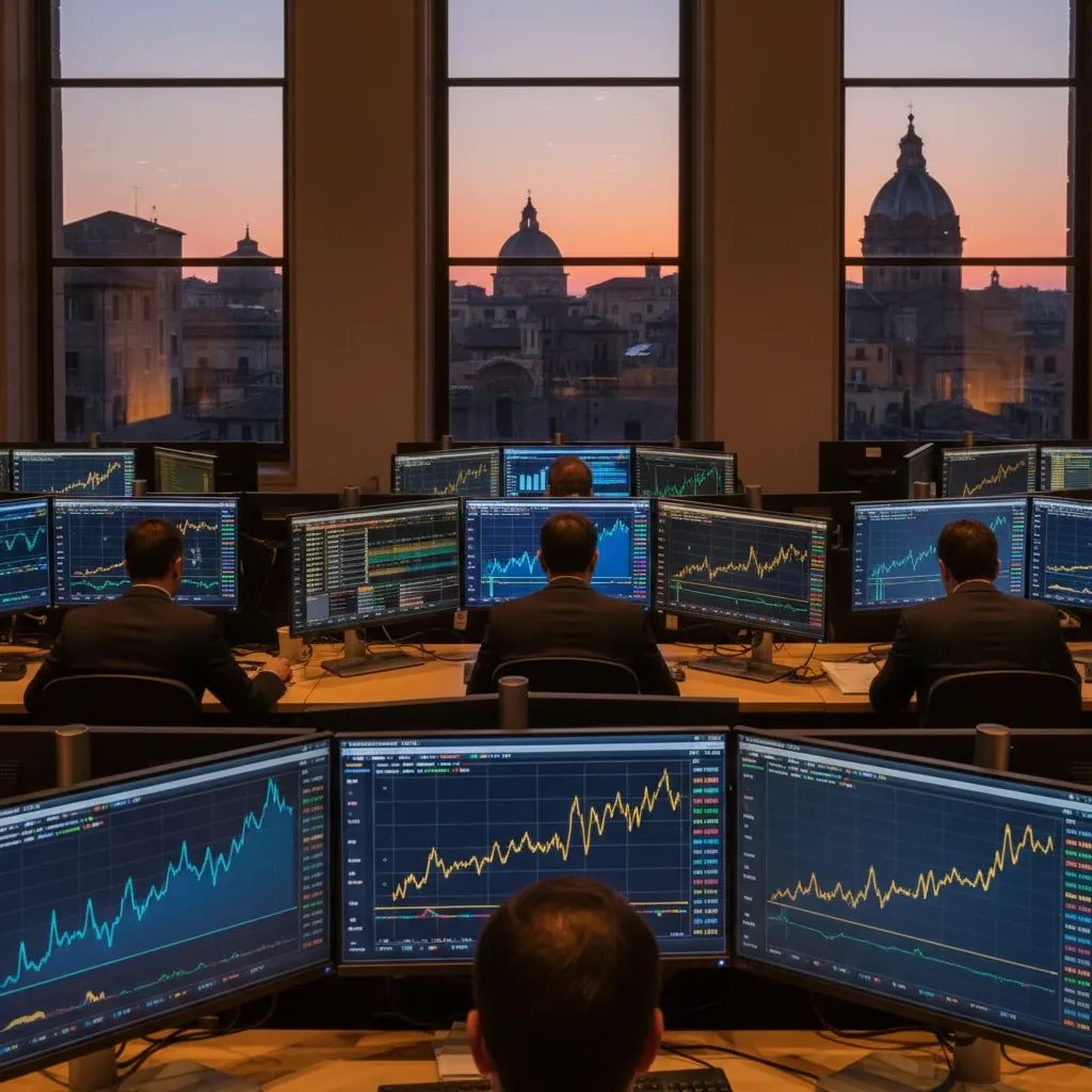 Energy trading floor with upward-trending price charts on digital screens, representing gas market surge