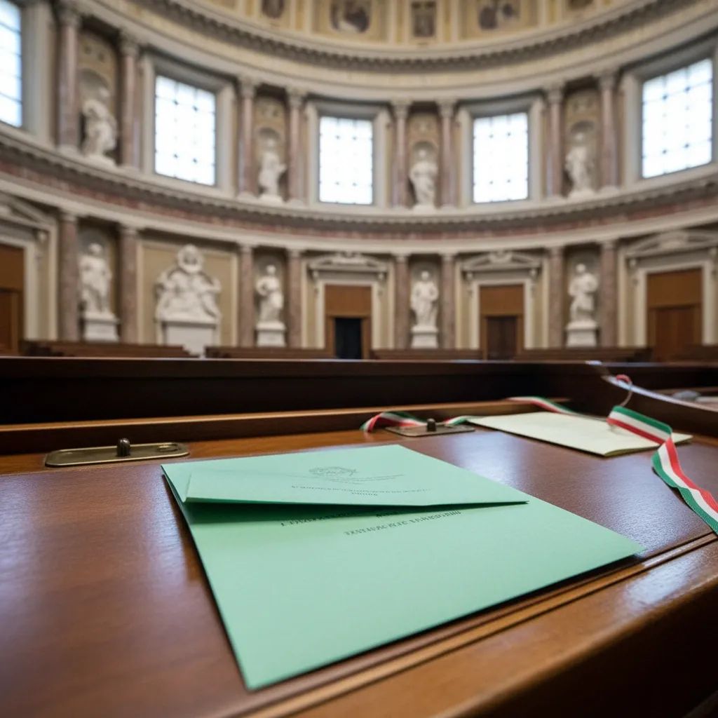 Green Italian referendum ballot paper on parliamentary desk with constitutional reform details