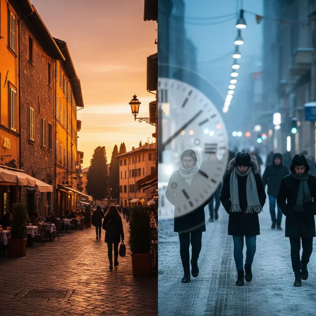 Split visualization comparing bright Italian evening with dark winter morning, symbolizing permanent daylight saving debate