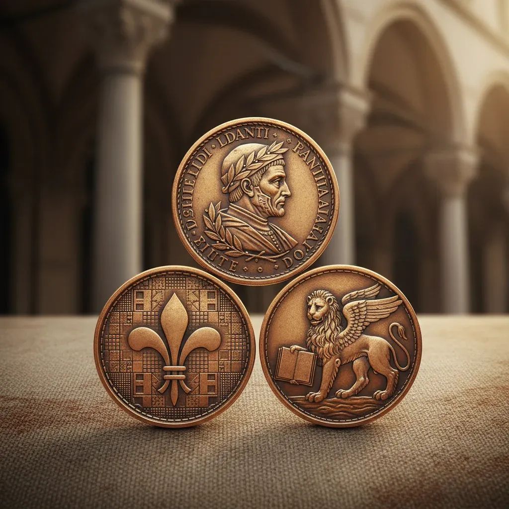 Three copper commemorative coins celebrating Saint Francis arranged in a display formation with distinct artistic designs on each