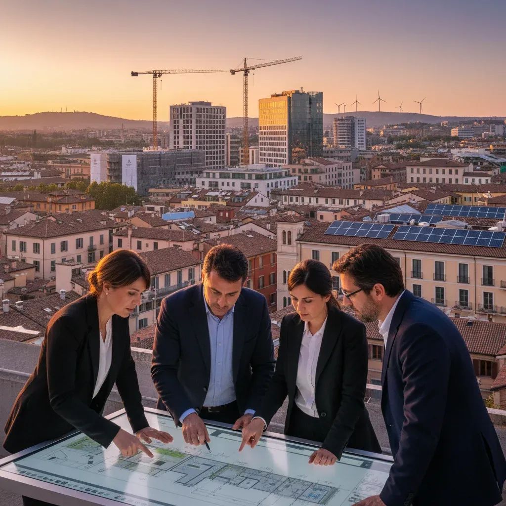 Italian cityscape showing construction development with renewable energy infrastructure and government buildings representing regional investment initiatives