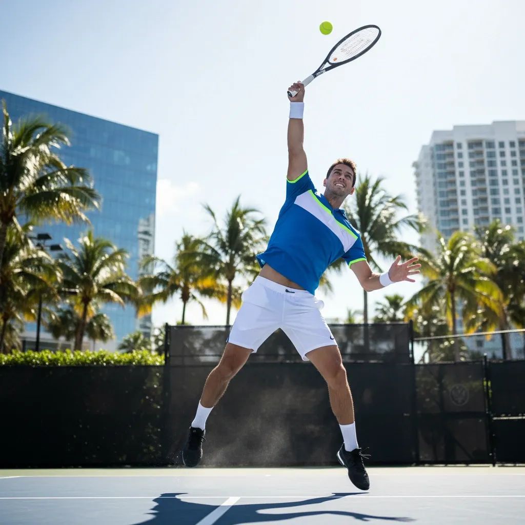 Tennis player Jannik Sinner serving during Miami Open match on hard court