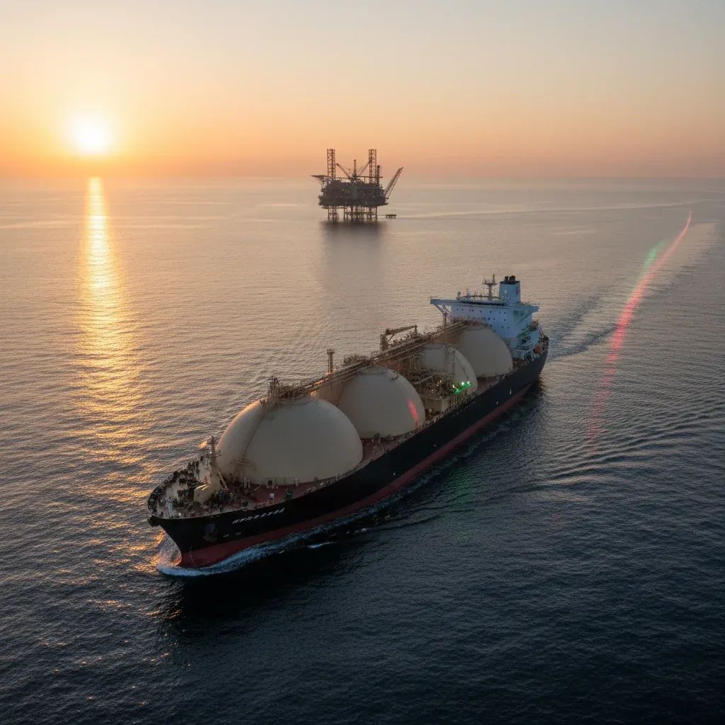 LNG tanker sailing past offshore platform at sunrise, symbolising Eni’s new Ivory Coast gas supply for Italy