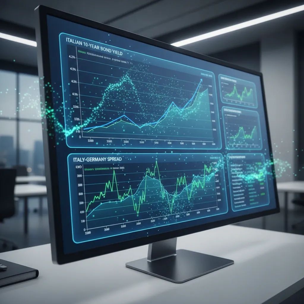 Financial market data visualization showing Italian bond yields and spread indicators on digital dashboard