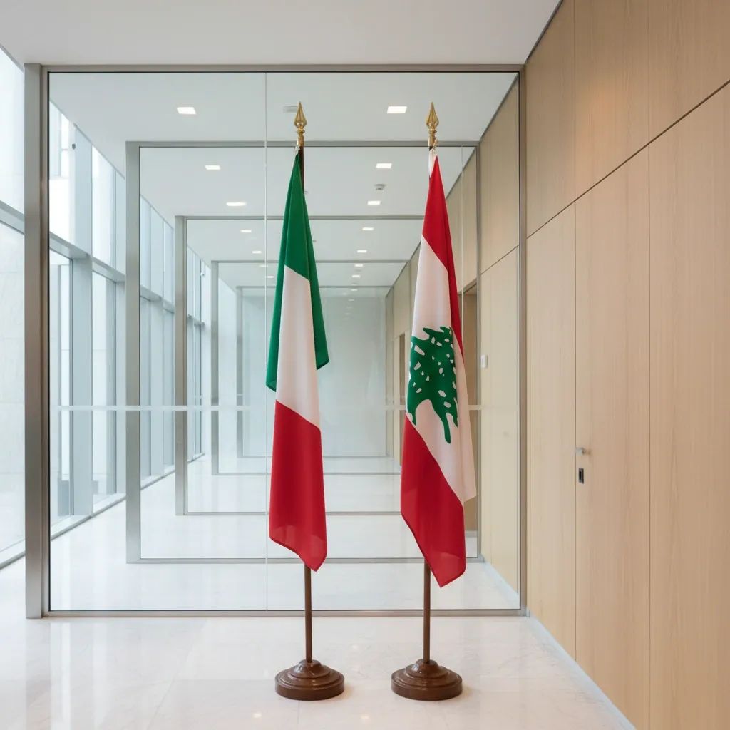 Italian and Lebanese flags displayed in diplomatic setting representing Italy's stance on Lebanon conflict