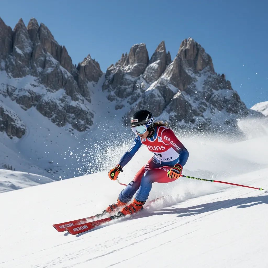Female alpine skier racing down Cortina slope with Dolomites backdrop, symbolising Brignone’s Super-G win and Italy’s ski revival