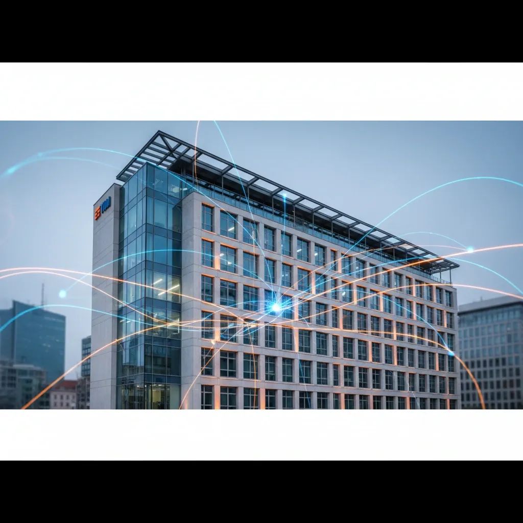 Illustration of interconnected network nodes representing Italy's telecommunications infrastructure consolidation