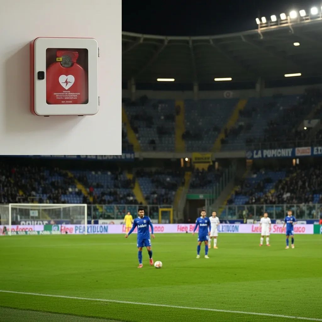 Serie B football stadium with defibrillator equipment visible on wall during evening match