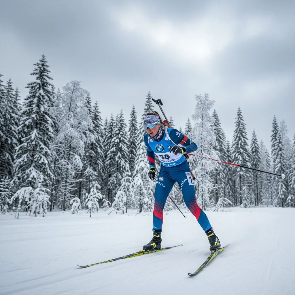Female biathlon athlete racing through snowy forest during World Cup pursuit event in Estonia