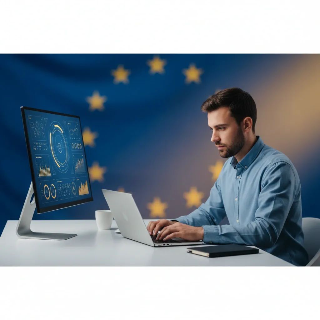 Young entrepreneur working on laptop with EU startup framework dashboard on screen