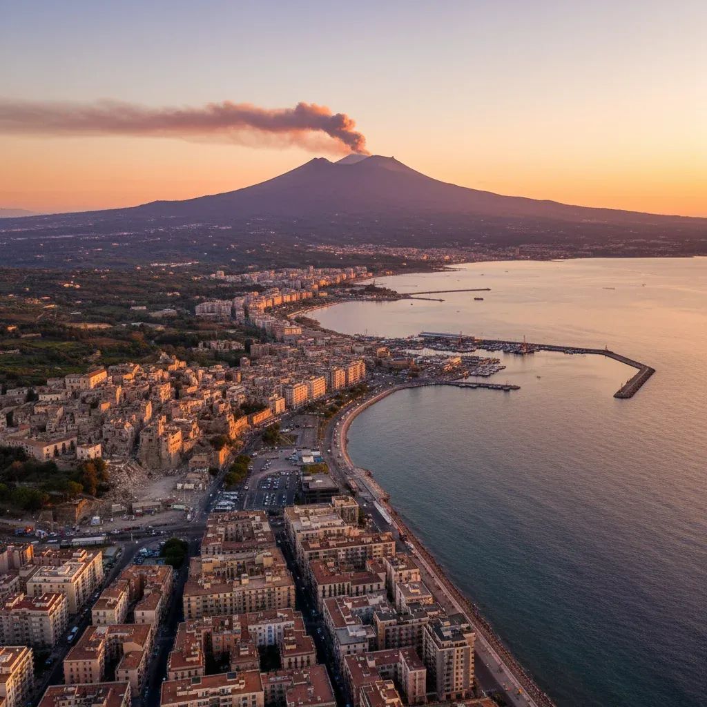 Aerial view of Mount Etna volcano and Catania cityscape, illustrating earthquake impact zone in eastern Sicily