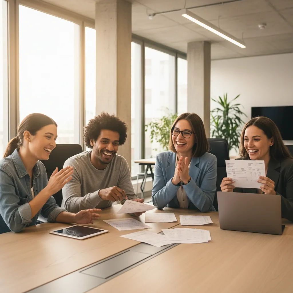 Professional workers reviewing payslips in modern office environment with financial documents visible