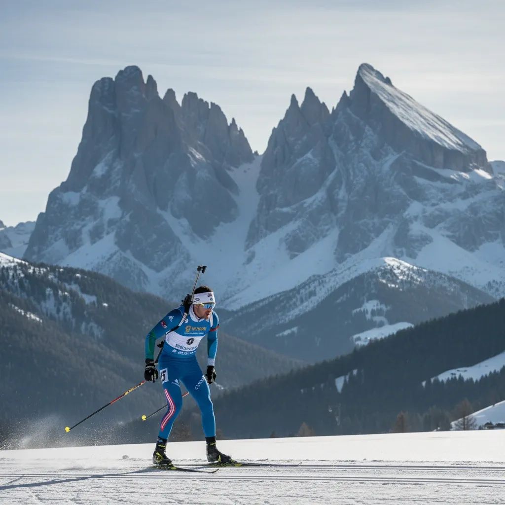Italian biathlete skiing with rifle amid snowy Dolomites, symbolising historic Olympic gold