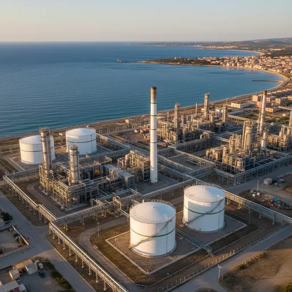 Aerial view of Priolo refinery on Sicily’s coast featuring new green hydrogen tanks beside the Mediterranean