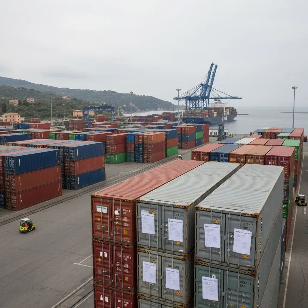 Container ship at Italian port with cargo being loaded, representing international trade and tariff impact on Italian exports
