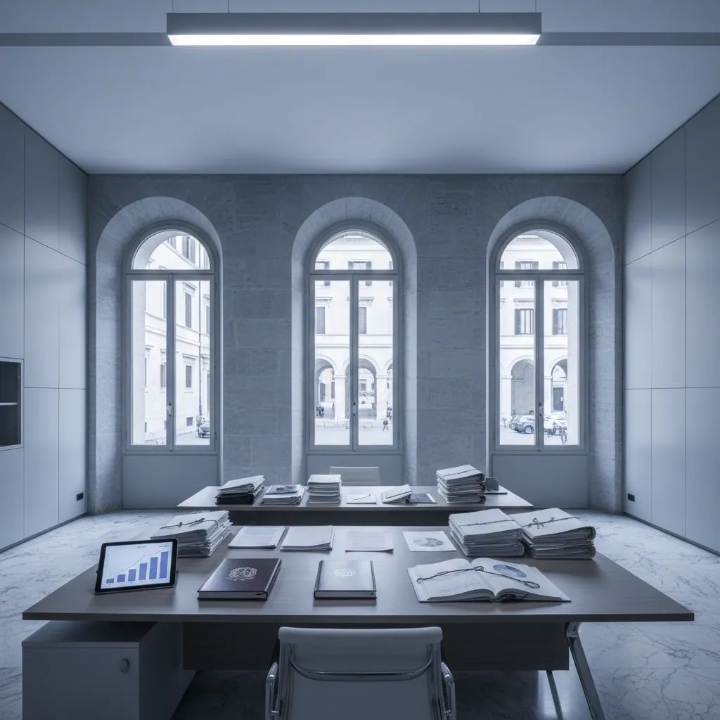 Italian government office with administrative documents representing immigration policy reforms