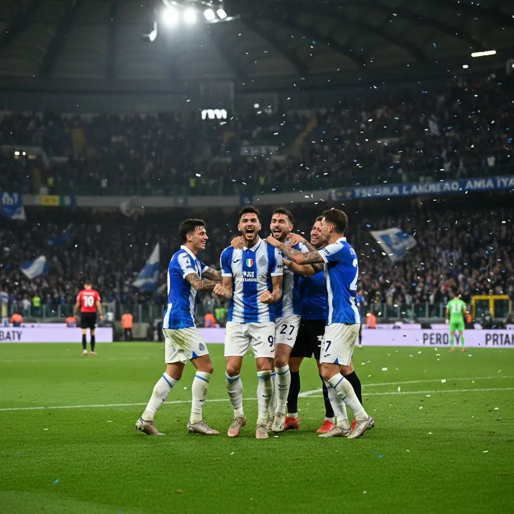 Genoa players celebrating after scoring against Torino during Serie A match at Luigi Ferraris stadium