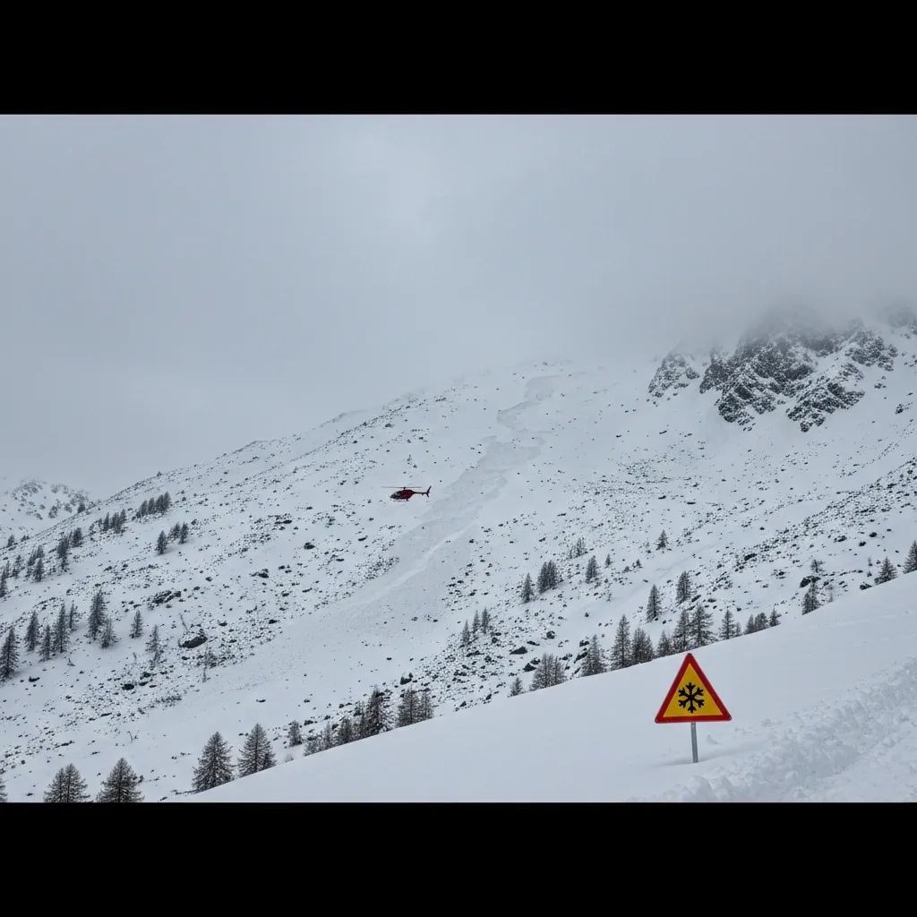 Snowy Alpine slope near Courmayeur with fresh avalanche debris, distant rescue helicopter and hazard sign