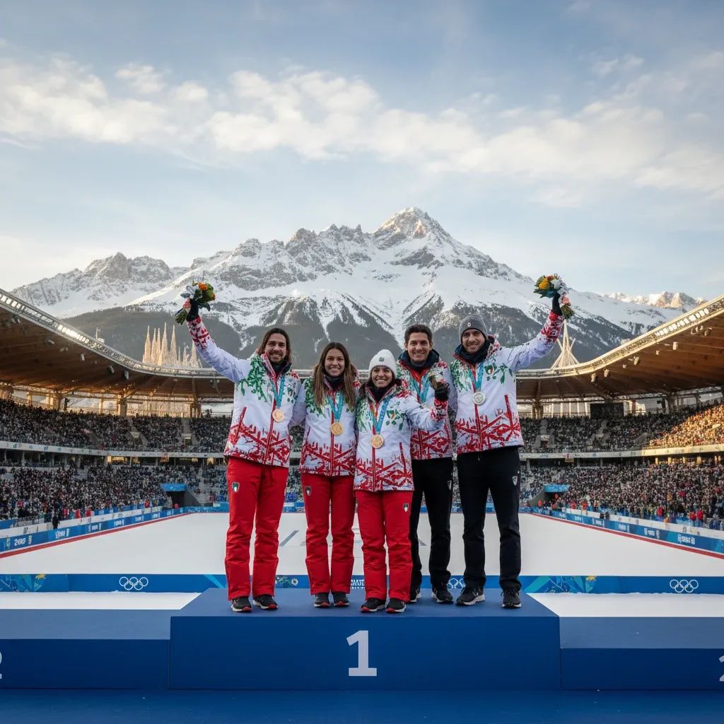 Olympic athletes celebrating medals at Milano-Cortina 2026 closing ceremony with Alpine peaks in background