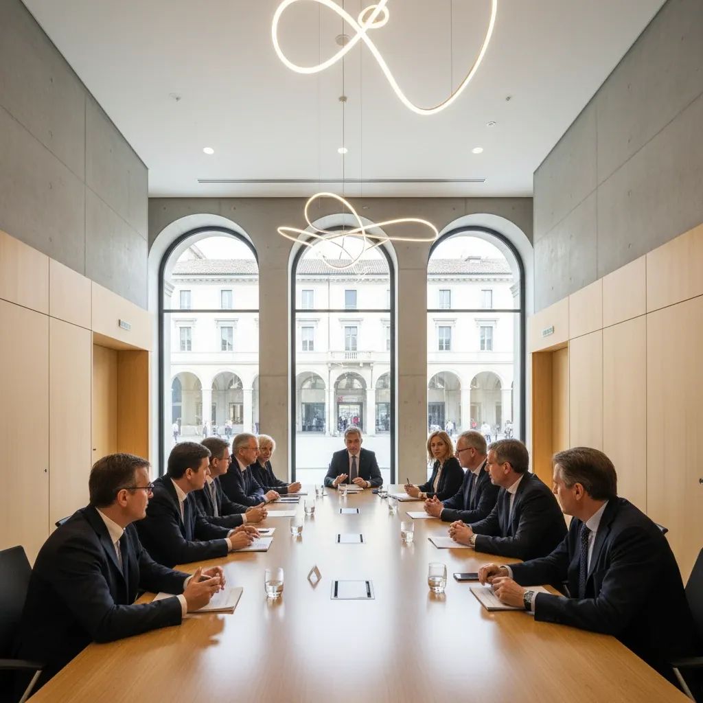 Local government officials gathered in discussion at Italian city hall conference