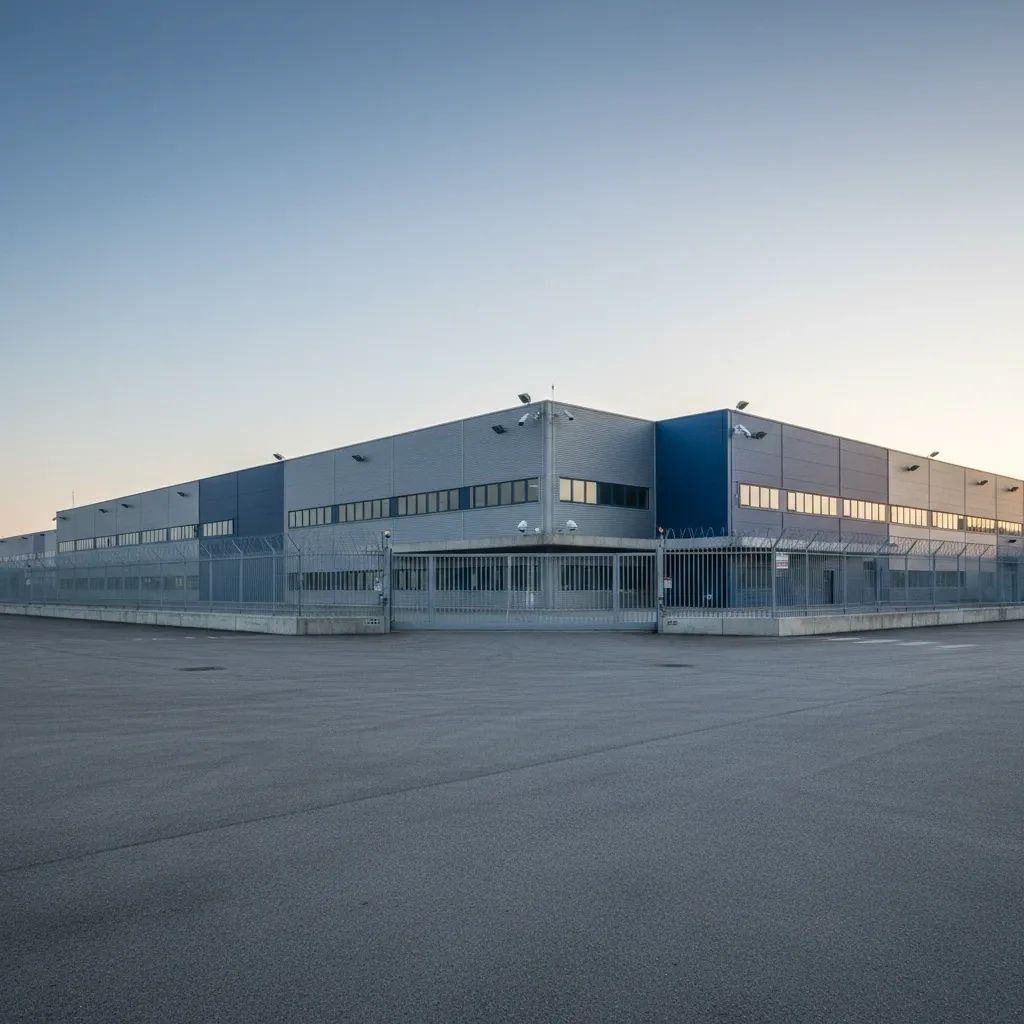 Industrial warehouse facility in Italy with security fencing and surveillance cameras at dawn