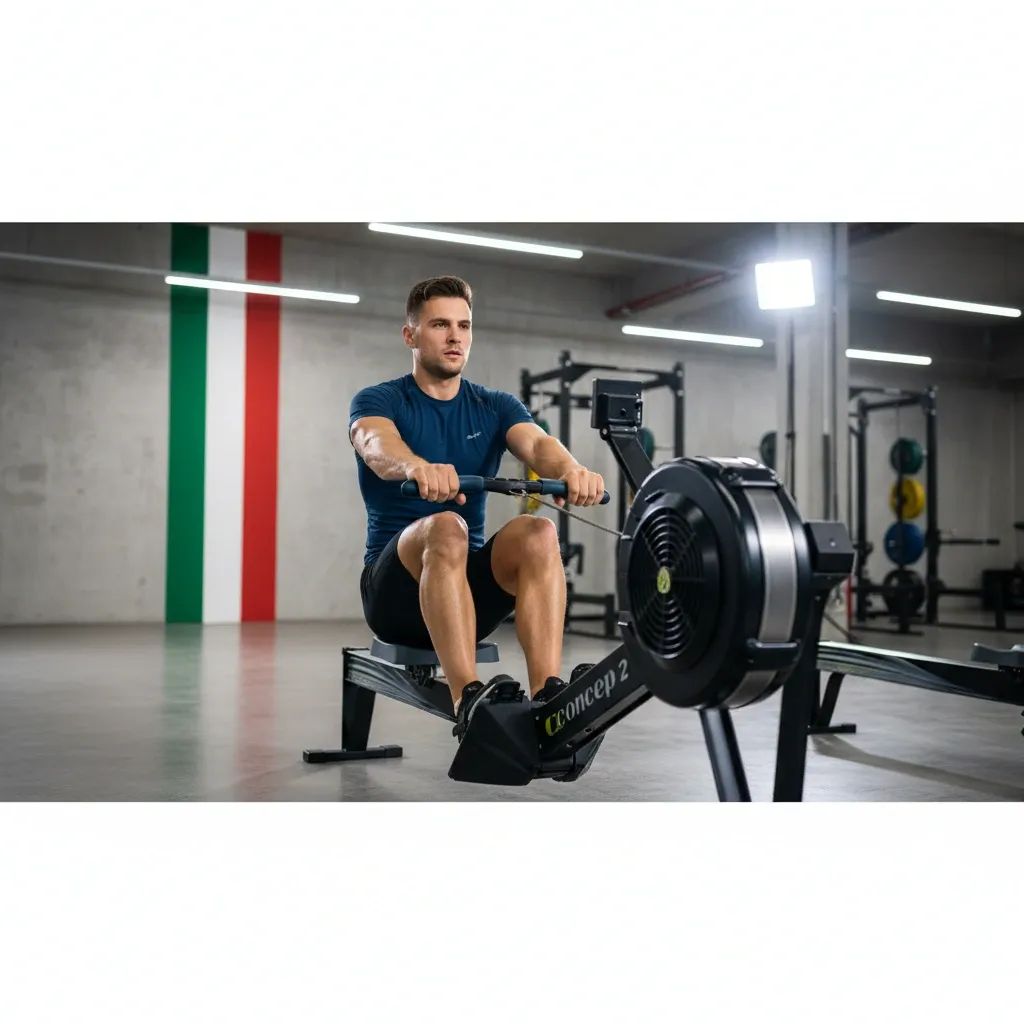 Elite rower Andrea Panizza competing on indoor rowing ergometer during world championship
