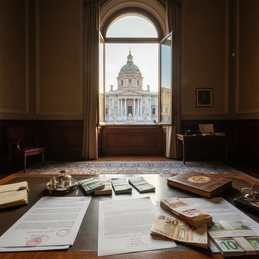 Italian government building with official documents and euro currency representing tax collection reform
