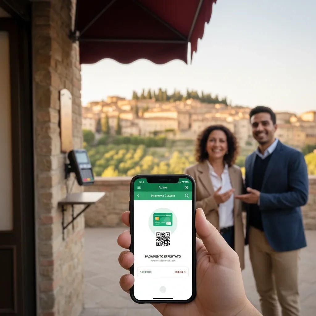 Modern smartphone showing digital payment app with Italian business scene in background